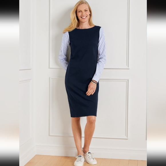 Talbot's Shift Dress Size Large Navy With Striped Sleeves 100 Cotton Stretch - Picture 1 of 7